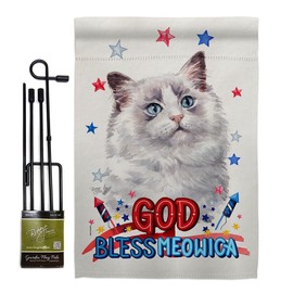 Breeze Decor Patriotic Bicolor Ragdoll Garden Flag Set with Stand Animals Cat Kitten Meow Spoiled Paw Fur Pet Nature Farm Animal Creature Small Decorative Gift Yard House Banner Made in USA 13 X 18.5