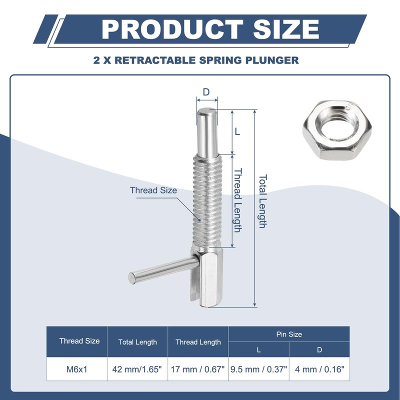 PATIKIL Retractable Indexing Plunger Pin, 2 Pcs M6x1 Stainless Steel