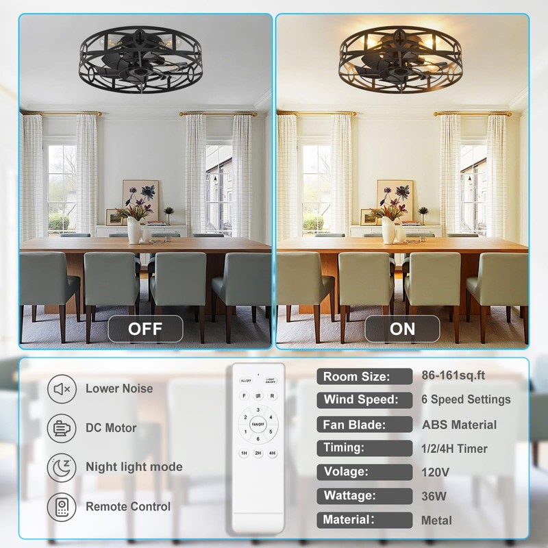 Depuley Flush Mount Ceiling Fan: 20" Caged Ceiling Fans with