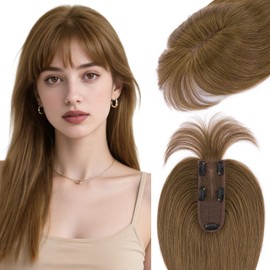 Hairro Human Hair Toppers For Women Wispy Air Bangs 3D Cover Remy Top Hair Pieces Clip On Wiglet Hair Extensions Handmade Toupee Hairpiece 14 Inch 43g #04 Medium Brown