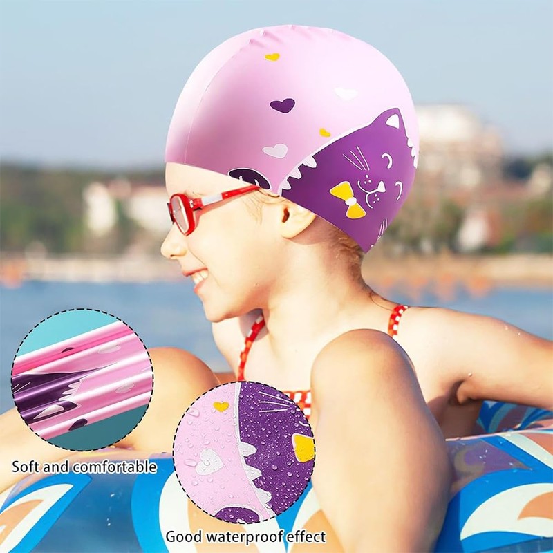 Cartoon Kinder Badekappen,2 Stück Badehaube aus Silikon Schwimmkappe Katze &