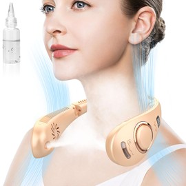 AJGJF Misting Neck Fan Rechargeable,Battery Powered Fan 4 Speeds, Portable Folding Fan with Mist,Cooling Neck Fans that Blow Cold Air,Hands Free Foldable No Blade Personal Fans for Your Neck Apricot