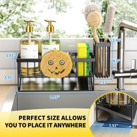 Cisily Kitchen Sink Caddy Organzier with High Brush Holder, Sponge Holder for Sink, 304 Rustproof Stainless, Kitchen Countertop Soap Dispenser Organizer