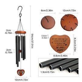 XXXFLOWER Large Aluminium Wind Chimes，Memorial Wind Chime with 6 Tuned Tubes & Heart-Shaped Pendant，Elegant Chime for Garden Patio Balcony House Decoration and Gift（37 Inches）