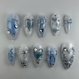 24Pcs Blue Gradient Press on Nails Medium Almond Fake Nails 3D Star Butterfly Heart Rhinestones Designs Full Cover Stick on Nails Artificial Glitter Nails Bow False Nails for Women Girls Acrylic Nails