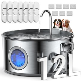 Dog Water Fountain for Large Dogs, 3.2Gal/406oz/12L Stainless Steel Dog Water Fountain, Quiet Dog Water Bowl Dispenser with Visible Window for Multi-pet Home, Includes 7 Filters and 7 Sponges
