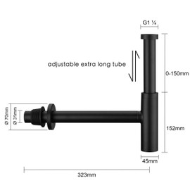 Orhemus All Brass Round Bottle P Trap, 1 1/4 Bathroom Basin Sink Waste Trap Drain Tube Kit Extra Long Slip Joint Extension Tube Tailpiece for Sink Drain, Adjustable Height Matte Black