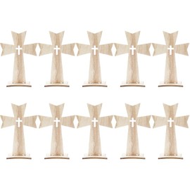 Garneck 10 PCS Table Cross Craft - Rustic Unfinished Wood Cross Craft - Cross Stand Statue for Home Office Wedding Party Decor