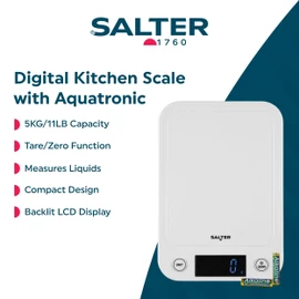 Salter Toronto Digital Kitchen Scale – Electronic Food Weighing Scales for Liquids and Fluids, Easy Read Backlit Display, Tare/Zero Function, Slim Compact Design, 5KG, White