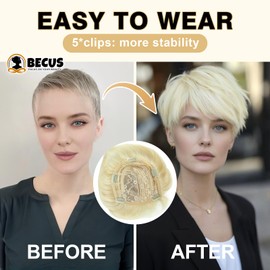 BCUS Hair Toppers For Women With Thinning Large Coverage 6" x 6.5" Pixie Cut Short Hair Topper Fluffy Synthetic Hair Pieces Clip In Bangs (Blonde Mixed White)