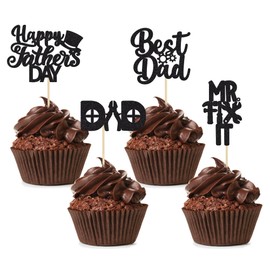 24 piezas de decoración para cupcakes con diseño de sombrero con purpurina negra para el mejor papá, decoración de cumpleaños para el día del padre, papá, fiesta de cumpleaños