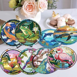 Meothan 8 Pcs Diamond Art Coasters Kits for Adults with Holder Cork Pads, Diamond Dots Art Painting Coasters Crafts Kit for Home Office Decor (Different Animals)