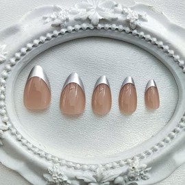 Silver French Tip Press on Nails Short Almond Fake Nails Daily Wear Simple Glue on Nails Press ons Nude Full Cover False Nails Acrylic Glossy Stick on Nials for Women Girls 24 Pcs
