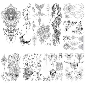 Glaryyears Latest Temporary Tattoo for Women Girls Adults, 9-Pack Black Large Realistic Snake Tattoos Stickers, Variery Pack Fake Tattoos Butterfly Mermaid, Body Tattoos for Chest Waist Arm Thigh