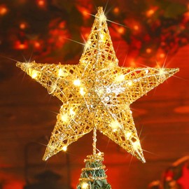 NEWKIBOU Adorno de Estrella para árbol de Navidad,Adorno para árbol de Estrellas en 3D,25 cm diseño Hueco de Metal con Purpurina,Luces de Cadena para Decoraciones de árboles de Navidad (Dorado)