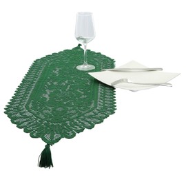 mookaitedecor 13x35 Inch Green Lace Table Runner for Wedding Festival Party Christmas Table Centrepiece Home Desk Decor, Vintage Elegant Floral Small Coffee Dressing Table Runner with Tassels