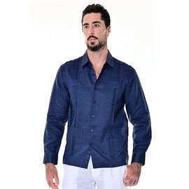 bohio Guayabera Shirt for Men - Linen Classic Traditional 4-Pocket Chacavana Mexican (8) Colors - MLS501 Navy/L