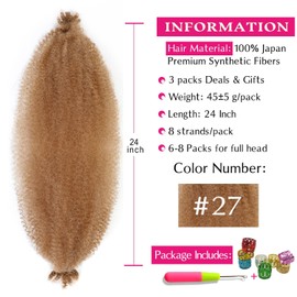 Springy Afro Twist Hair 24 Inch 3 Packs, Afro Twist Hair Pre Fluffed Spring Twist Hair Pre Separated Wrapping Hair for Soft Locs Hair Extensions (24 Inch (Pack of 3), 27#)