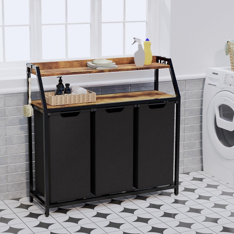 Timberer Laundry Hamper, Laundry Sorter 3 Section, Rolling Laundry Basket