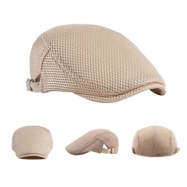 Folmywy Beige Men's Mesh Flat Cap Newsboy Hat Breathable Soft Summer Newsboy Hat Ivy Cap Hunting Hats Plain Cotton Rugged Fit Cabbie Trucker Driving Outdoor