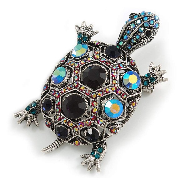 Vintage Inspired Blue/Pink Crystal Turtle Brooch/Pendant in Aged Silver Tone