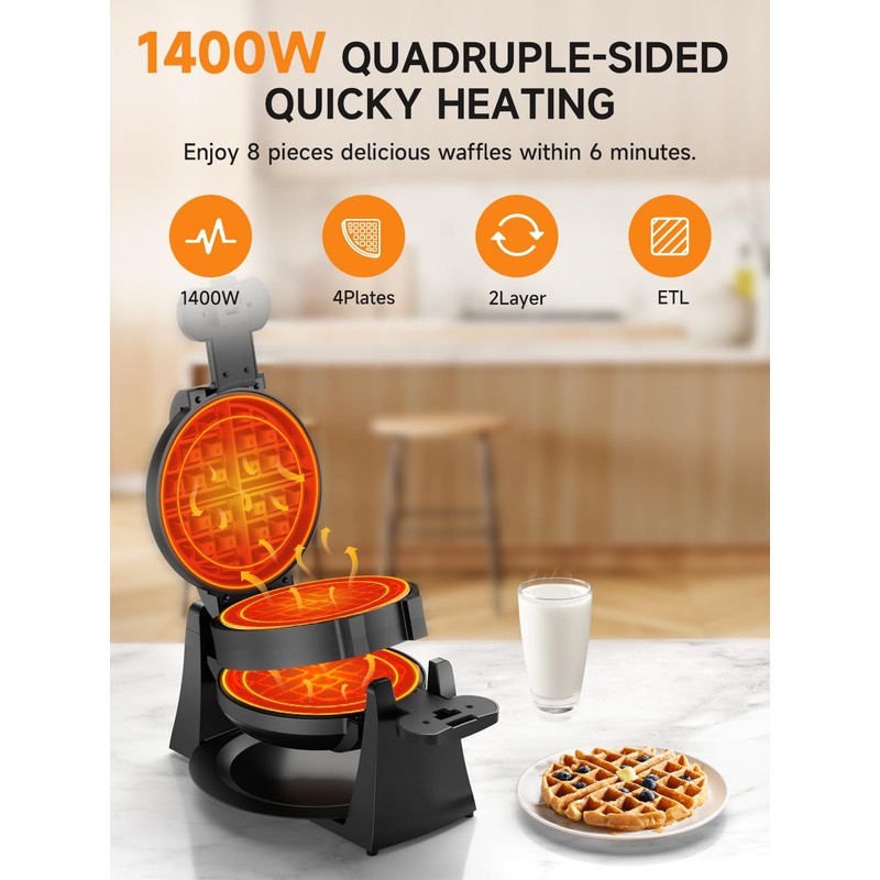Waffle Maker, 1400W Double Belgian Waffle Iron 180° Flip, 8