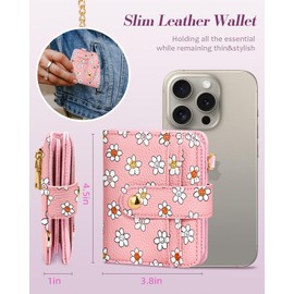 Bistup Wallet for Women Cute Small Card Wallet Genuine Leather Rfid with Keychain for Ladies Teen Girls Female Girly Aesthetic Flower Unique Pretty Kawaii Modern Bifold Credit Card Holder