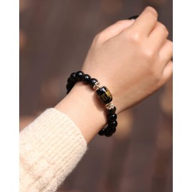 Wizock 10mm Feng Shui Gold Obsidian Beaded Bracelets Wealth Elastic Bracelets for Women Men Protection Prosperity Spiritual Good Luck Gifts Unisex