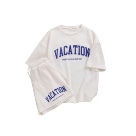 Verdusa Girl's Tracksuit Sets 2 Piece Outfits Letter Print Vacation Tee Top and Drawstring Waist Shorts White 11Y