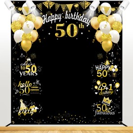 50th Birthday Decorations Large 50 Birthday Banner Photography for Women Men, Black Gold Funny Fifty Years Bday Photo Booth Props Party Supplies for Outdoor Indoor
