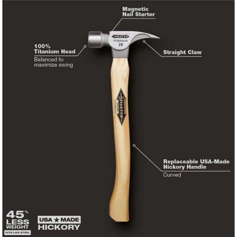 Stiletto TI16SC 16 Oz. Titanium Smooth Face Hammer, 18"Curved Hickory