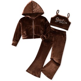 fioukiay Girls Sweatsuits Set Velour Tracksuit 3 Piece Outfits Zip Up Hoodies Camisole and Flare Pants Athletic Jogging Set Brown 11-12 Years
