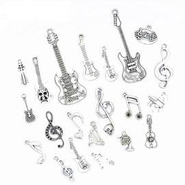 Guoguonb Pack of 21 Retro Music Pendants Jewellery Antique Steampunk Notes Alloy Pendant Guitar Piano Charm Pendant for DIY Jewellery Crafts Bracelet Necklace, Silver, Alloy Steel