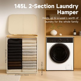 145L Double Laundry Basket with Lid, 2 Section Dirty Clothes Hamper with 2 Removable Bags for Bedroom, Bathroom, Dorm, Beige