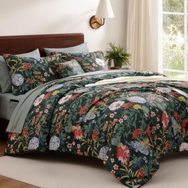 WRENSONGE King Size Comforter Set-7 Pieces Green Botanical Floral Bedding, Flowers Printed Design King Bed in a Bag with Botanical Flowers Comforter, Sheets, Pillowcases & Shams