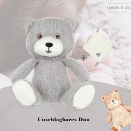 Nordstern Cuddly Toy with Comforter Set - Baby Gift for Girls and Boys for Birth in Knitted Look - First Equipment Cuddly Toy and Cuddly Blanket Bear in Grey
