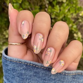 AstraGlam Press on Nails Pink with Daisy Pattern, Artificial Nails, Medium Long, Almond Shape, Soft False Nails for Women, Girls, Nail Art Set, Pack of 24