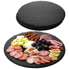 Navaris Slate Plates - Food Contact Safe Black Stone Plates - Cheese Platter Serving Charcuterie Boards - Round Slate Tray Slab Plate Cheese Board - Set of 4 11" Plates (28 cm)