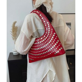 Y2k Crescent Hobo Bags Women 90s Trendy Studded Punk Shoulder Crossbody Purse PU Leather Underarm Satchels Tote Handbag, Black, Small