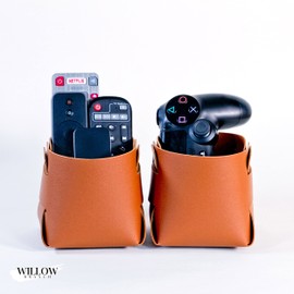 'N/A' Remote Control Holder 2 pack-Vegan Faux Leather-Pen Pot-Pencil Holder (Brown)