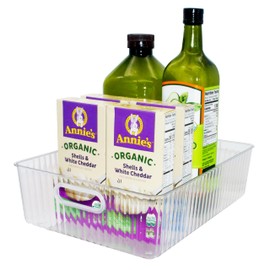 Oggi Clear Fluted Storage Bin with Handle - Durable Plastic Organizer for Fridge, Pantry, Cabinets & Countertop, Modern Farmhouse Style, Ideal for Kitchen Organization and Storage, 13.5" x 9.7"