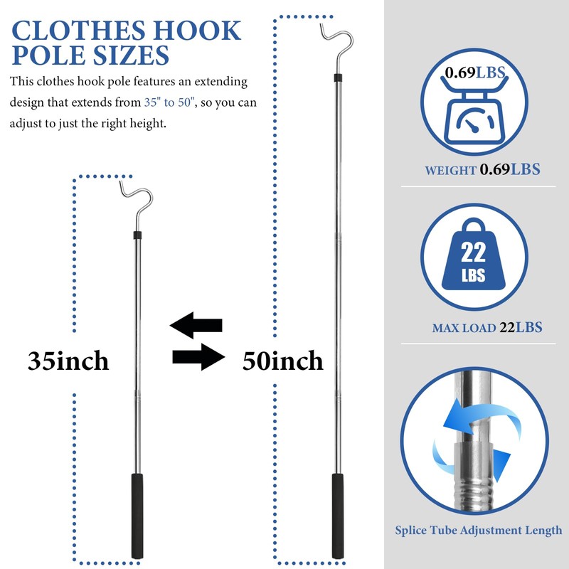 Greeily Clothes Hook Pole, Clothes Hanger Reaching Hook for Hanging