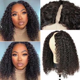 4GIRL4EVER V Part Wig Human Hair Kinky Curly Upgrade U Part Human Hair Wig for Black Women Minimal Leave Out VPart Wig No Glue Human Hair Wig No Sew In Natural Black Color 180% Density 18 Inch