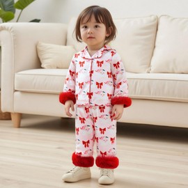 Kuriozud Toddler Kids Little Girls Christmas Satin Pajamas Santa Bow Print Feather Trim Sleeve Button Down Sleepwear Pjs Set (Santa Bow Print=Pink, 2-3 Years)