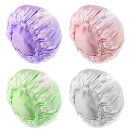 Mini Skater Shower Caps Elastic Reusable Bath Hair Hat Silk Plastic Double Layers Thick Waterproof Bath Caps for Women Keep Hair Dry Home Spa Salon Use, Medium Size, 4Pcs (Pink, Purple, Grey, Green)