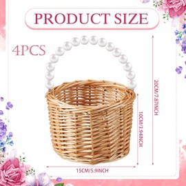 Soaoo Set of 4 Flower Girl Basket Wicker Rattan Woven Storage Basket with Pearl Handles Woven Eggs Candy Storage for Wedding Home Garden Valentines Day Decoration