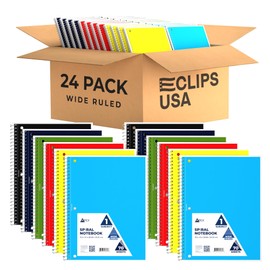 VEEBOOST Wide Ruled Spiral Notebooks Bulk Spiral Bound Notebooks for Work 1 Subject Notebook 6 Color Assortment 3 Hole Perforated 70 Sheets 140 pages 10.5" x 8" (24 pack)