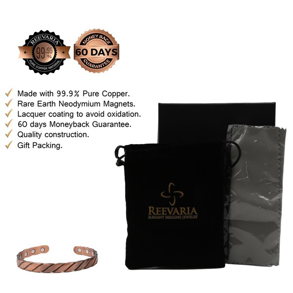 Reevaria - Guaranteed 99.9% Pure Copper Twisted Magnetic Cuff Bracelet for Men Women, with 8 Magnets 3500 Gauss- Recovery and Pain Relief - Arthritis, Golf and Other Sports Injuries, Carpal Tunnel