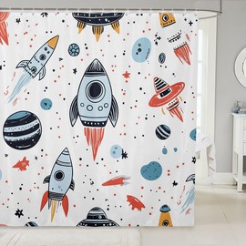 Feelyou Kids Space Rocket Shower Curtain Boys Universe Planet Bathroom Shower Curtain Set for Children Outer Space Adventure Bath Curtain Space Ship Design Waterproof Room Decor 72"x78"