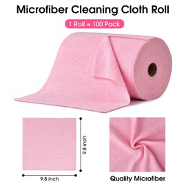 KitchLife Microfiber Cleaning Cloth Roll, 100 Pack - Tear-Away Towels, Lint-Free, Reusable, Washable for Kitchen, Car, Dishes, and Sensitive Surfaces (Pink)